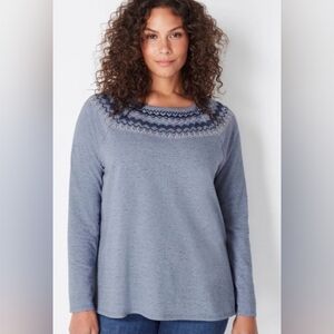 J Jill Womens Boho Pullover Top Medium Petite  Embroidered Long Sleeve Blue